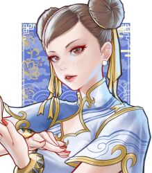Rule 34 | 1girl, ai shou, blue background, border, brown eyes, brown hair, capcom, chun-li, commentary, double bun, earrings, english commentary, eyelashes, gold trim, hair bun, highres, jewelry, looking at viewer, mixed-language commentary, outside border, parted lips, red lips, red nails, short hair, solo, street fighter, street fighter 6, upper body, white border