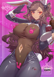 Rule 34 | 1girl, animal ears, black gloves, blush, bow, bowtie, breasts, brown hair, clothing cutout, commentary request, covered erect nipples, cowboy shot, earrings, eyebrows hidden by hair, fake animal ears, gloves, gold, hair bow, hairband, half gloves, hand up, holding, jewelry, large breasts, leotard, long hair, looking at viewer, navel cutout, navel piercing, original, piercing, playboy bunny, rabbit ears, red eyes, solo, swept bangs, tajima ryuushi, thick thighs, thighs, tight clothes, traditional bowtie, two side up