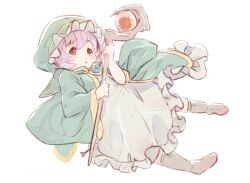 Rule 34 | 1girl, :o, blush, boots, brown eyes, brown footwear, cloak, dress, full body, granblue fantasy, holding, holding staff, hood, hood up, hooded cloak, light purple hair, looking at viewer, minigob, parted lips, pointy ears, short hair, simple background, solo, staff, tomamatto, white background, white dress, wide sleeves