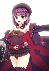 Rule 34 | 1girl, armpits, bare shoulders, black thighhighs, blush, book, detached sleeves, fate/grand order, fate (series), flat chest, hat, helena blavatsky (fate), highres, looking at viewer, mazeru (jisjifin), open mouth, panties, pantyshot, purple eyes, purple hair, short hair, simple background, smile, solo, strapless, thighhighs, sefirot, underwear, white background