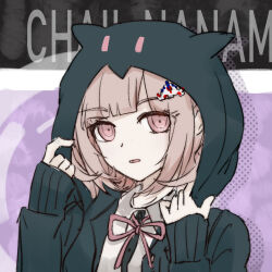 Rule 34 | 1girl, animal ear hood, chinese commentary, commentary request, danganronpa (series), danganronpa 2: goodbye despair, erwuyishi35850, fake animal ears, galaga, halftone, hands up, highres, hood, hood up, hooded jacket, jacket, looking at viewer, nanami chiaki, neck ribbon, open clothes, open jacket, parted lips, pink eyes, pink hair, pink ribbon, ribbon, shirt, short hair, sketch, sleeves past wrists, solo, upper body, white shirt