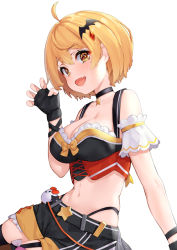 Rule 34 | 1girl, :d, ahoge, arm garter, bare shoulders, black choker, black gloves, black shirt, black shorts, black thighhighs, blonde hair, breasts, choker, claw pose, cleavage, cowboy shot, crop top, fang, fingerless gloves, garter straps, gloves, hair ornament, hand up, highleg, hololive, large breasts, looking at viewer, midriff, navel, open mouth, orange eyes, pensuke, shirt, short hair, short shorts, shorts, simple background, sleeveless, sleeveless shirt, smile, solo, stomach, thighhighs, virtual youtuber, white background, yozora mel, yozora mel (2nd costume)