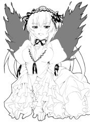 Rule 34 | 00s, 1girl, breasts, cleavage, date (senpen), dress, frills, greyscale, hairband, juliet sleeves, lolita hairband, long sleeves, looking at viewer, monochrome, puffy long sleeves, puffy sleeves, rozen maiden, simple background, solo, suigintou, white background