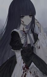 Rule 34 | 1girl, black dress, blood, blood on clothes, blood on face, blunt bangs, bow, bowtie, dress, empty eyes, frederica bernkastel, frilled dress, frilled sleeves, frills, highres, hime cut, layered dress, long hair, puffy sleeves, purple bow, purple bowtie, purple eyes, purple hair, solo, umineko no naku koro ni, wide sleeves, zi qi xiang
