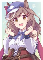Rule 34 | 1girl, :d, animal ears, blue bow, blue hat, bow, breasts, brown eyes, brown hair, cabbie hat, center frills, clothing cutout, collared shirt, e20, frills, grey hair, hair ornament, hairclip, hands up, hat, highres, horse ears, long hair, looking at viewer, matikane tannhauser (umamusume), medium breasts, multicolored hair, open mouth, outside border, shirt, shoulder cutout, smile, solo, streaked hair, swept bangs, umamusume, upper body, white shirt