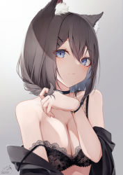 Rule 34 | 1girl, absurdres, animal ear fluff, animal ears, bare shoulders, black bra, black choker, black hair, black shirt, blue eyes, blush, bra, breasts, choker, cleavage, closed mouth, collarbone, commentary request, dated, gradient background, grey background, hair between eyes, highres, looking at viewer, mayogii, medium breasts, off shoulder, open clothes, open shirt, original, shirt, signature, smile, solo, strap slip, underwear, upper body, white background