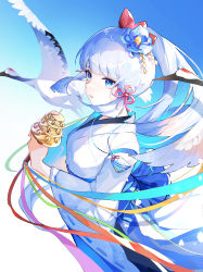Rule 34 | 1girl, absurdres, ayaka (genshin impact), bird, bird wings, blue eyes, breasts, crackingtaro, crane (animal), flower, genshin impact, hair flower, hair ornament, hair ribbon, highres, japanese clothes, long sleeves, looking to the side, medium breasts, miko, open mouth, ponytail, ribbon, sidelocks, solo, white hair, wide sleeves, wings