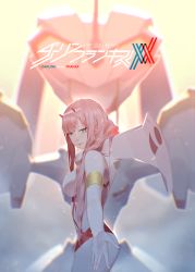 Rule 34 | 10s, 1girl, absurdres, aqua eyes, armlet, backlighting, blunt bangs, blurry, blurry background, bodysuit, breasts, closed mouth, copyright name, cowboy shot, darling in the franxx, depth of field, from side, hairband, highres, horns, long hair, looking at viewer, looking to the side, mecha, medium breasts, outstretched arm, pilot suit, pink hair, reaching, robot, skin tight, small breasts, solo, standing, tsurime, very long hair, white bodysuit, white hairband, xini m, zero two (darling in the franxx)