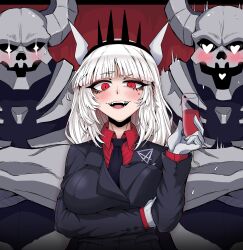 Rule 34 | 1girl, 2boys, absurdres, alcohol, black suit, blunt bangs, blush, breasts, breasts squeezed together, business suit, collared shirt, cowboy shot, crown hair ornament, cup, demon girl, demon horns, diamond-shaped pupils, diamond (shape), drinking glass, evil grin, evil smile, eyebrows hidden by hair, fangs, formal, gloves, grin, hairband, heart, heart-shaped pupils, helltaker, highres, holding, holding cup, horns, large breasts, layered sleeves, long hair, long sleeves, looking at another, looking at viewer, lucifer (helltaker), mole, mole under eye, multiple boys, muscular, muscular male, necktie, red eyes, red suit, shirt, skeleton (helltaker), slit pupils, smile, suit, symbol-shaped pupils, teeth, white gloves, white hair, white horns, wine, wine glass