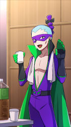 Rule 34 | 1boy, blue hair, bottle, brycen (pokemon), commentary request, creatures (company), cup, eye mask, game freak, gloves, green lips, hair ornament, hands up, highres, holding, holding cup, lipstick, liquid, looking at viewer, makeup, male focus, momoji (lobolobo2010), nintendo, open mouth, pectorals, pokemon, pokemon bw2, pokestar studios, solo, standing, sweat, tongue, waving