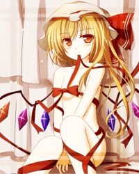 Rule 34 | 1girl, blonde hair, censored, convenient censoring, female focus, flandre scarlet, long hair, mashayuki, mouth hold, naked ribbon, nude, ribbon, ribbon in mouth, solo, touhou, wings
