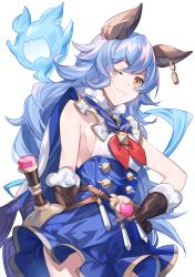 Rule 34 | 1girl, absurdres, animal ears, blue hair, blue skirt, brown eyes, brown gloves, closed mouth, commentary request, earrings, erune, ferry (granblue fantasy), fugee (granblue fantasy), gloves, granblue fantasy, hand on own hip, highres, hizuki miya, jewelry, long hair, looking at viewer, one eye closed, simple background, skirt, sleeveless, smile, solo, white background