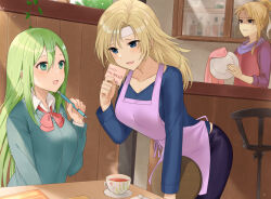 Rule 34 | 3girls, :d, apron, bending, blonde hair, blue eyes, breasts, calill (fire emblem), cleaning, coffee, coffee cup, commentary request, contemporary, cup, disposable cup, fire emblem, fire emblem: radiant dawn, green eyes, green hair, haru (nakajou-28), heather (fire emblem), medium breasts, multiple girls, nephenee (fire emblem), nintendo, open mouth, smile