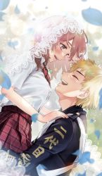 Rule 34 | 1boy, 1girl, ^ ^, absurdres, black jacket, blonde hair, bridal veil, closed eyes, couple, hanagaki takemichi, hetero, highres, holding person, jacket, jewelry, long hair, long sleeves, looking at another, maco (crea-0328), necklace, necktie, open mouth, pink hair, plaid, plaid skirt, profile, red eyes, red necktie, red skirt, shirt, short hair, short sleeves, skirt, smile, tachibana hinata (tokyo revengers), tokyo revengers, upper body, veil, white shirt