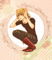Rule 34 | 10s, 1boy, akixx, animal ears, bad id, bad pixiv id, barnaby brooks jr., blonde hair, boots, glasses, green eyes, jewelry, male focus, necklace, rabbit ears, shirt, solo, squatting, t-shirt, tiger &amp; bunny