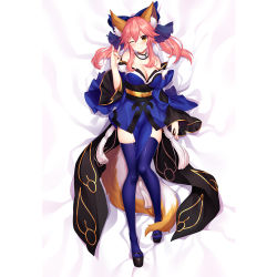 Rule 34 | 1girl, animal ear fluff, animal ears, bare shoulders, blue kimono, blue ribbon, blue thighhighs, blush, breasts, cleavage, detached sleeves, erspace, fate/extella, fate/extra, fate/extra ccc, fate/grand order, fate (series), fox ears, fox girl, fox shadow puppet, fox tail, full body, japanese clothes, kimono, large breasts, looking at viewer, lying, on back, one eye closed, pink hair, ribbon, solo, tail, tamamo (fate), tamamo no mae (fate/extra), thighhighs, yellow eyes