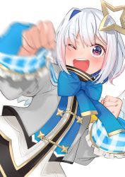 Rule 34 | absurdres, amane kanata, angel, angel wings, armband, blue bow, blue bowtie, blue hair, blush, bow, bowtie, buttons, clenched hands, colored inner hair, cropped jacket, dress, feathered wings, gold trim, grey jacket, halo, highres, hololive, incoming attack, incoming punch, jacket, long sleeves, mini wings, motion blur, multicolored hair, one eye closed, open mouth, pink hair, punching, purple eyes, sailor collar, shirt, short hair, silver hair, simple background, sleeve cuffs, sleeves past wrists, sleeves rolled up, solo, star (symbol), star halo, streaked hair, teeth, tonarikeru, turtleneck, turtleneck dress, upper teeth only, virtual youtuber, white background, white shirt, white wings, wide sleeves, wings