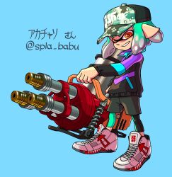 Rule 34 | 1boy, baseball cap, black leggings, black shorts, black sweater, blue background, commentary request, full body, green hair, green hat, gun, hat, highres, holding, holding gun, holding weapon, hydra splatling (splatoon), inkling, inkling boy, inkling player character, leggings, leggings under shorts, nintendo, pointy ears, red eyes, shoes, short hair, shorts, simple background, solo, splatoon (series), splatoon 3, sweater, teeth, weapon, white footwear, xdies ds
