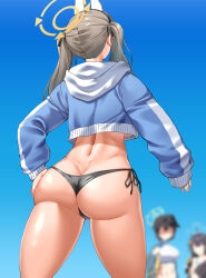 Rule 34 | 3girls, absurdres, animal ears, ass, ass focus, back, bikini, black bikini, black bikini bottom, blue archive, blue hoodie, blue sweater, blurry, blurry background, breasts, brown hair, butt crack, cropped hoodie, cropped sweater, dimples of venus, facing away, fake animal ears, from behind, halo, hand on own hip, highres, hitch (perotoss), hood, hoodie, large breasts, long hair, long sleeves, miyu (blue archive), miyu (swimsuit) (blue archive), moe (blue archive), moe (swimsuit) (blue archive), multiple girls, official alternate costume, saki (blue archive), saki (swimsuit) (blue archive), side-tie bikini bottom, sleeves past wrists, solo focus, sweater, swimsuit, thick thighs, thighs, thong, twintails, underboob, yellow halo