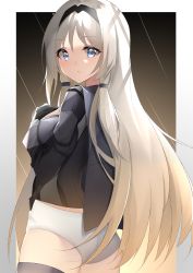 Rule 34 | 1girl, absurdres, an-94 (girls&#039; frontline), ass, black cape, black gloves, black hairband, blonde hair, blue eyes, blush, breasts, cape, closed mouth, feet out of frame, from side, girls&#039; frontline, gloves, hair ornament, hairband, hairclip, hand on own chest, highres, long hair, long sleeves, looking at viewer, no pants, panties, sideboob, simple background, small breasts, solo, standing, tactical clothes, underwear, white panties, yanwulazy