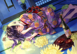 Rule 34 | 1girl, barefoot, black hair, blurry, blurry foreground, blush, bottle, chrysanthemum print, commentary request, cup, depth of field, floral print, flower, green eyes, hands up, indoors, japanese clothes, kimono, long sleeves, looking at viewer, lying, miyabi akino, on side, original, parted lips, petals, purple kimono, sakazuki, sake bottle, smile, solo, tray, twitter username, vase, wide sleeves, yellow flower