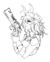 Rule 34 | 1girl, aiko (less), black sclera, breasts, colored sclera, demon girl, demon horns, fingerless gloves, from side, gloves, greyscale, gun, handgun, hat, highres, holding, holding gun, holding weapon, horns, less, looking at viewer, medium breasts, monochrome, original, pointy ears, revolver, short hair, solo, teeth, trigger discipline, upper body, weapon