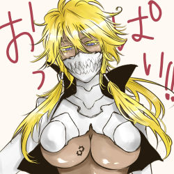 Rule 34 | 1girl, arrancar, bleach, blonde hair, blue eyes, breasts, hollow (bleach), kuloco, long hair, looking at viewer, lowres, number tattoo, open clothes, solo, tattoo, tier harribel, underboob