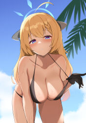 Rule 34 | 1girl, absurdres, ahoge, akari (blue archive), bent over, bikini, black bikini, black gloves, blonde hair, blue archive, blue eyes, blue sky, blush, breasts, cloud, collarbone, day, demon horns, gloves, halo, heart, heart-shaped pupils, highres, horns, large breasts, leaning forward, long hair, looking at viewer, outdoors, parted lips, sheryama, sky, solo, strap pull, swimsuit, symbol-shaped pupils, thighs, wet