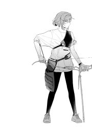 Rule 34 | 1girl, archery, arrow (projectile), black pants, bow (weapon), buoyancy03, closed mouth, fingerless gloves, full body, gloves, greyscale, hair bun, highres, holding, holding arrow, holding bow (weapon), holding weapon, leggings, luke pearce (tears of themis), monochrome, pants, rosa (tears of themis), shirt, shoes, simple background, single hair bun, sleeves past elbows, sneakers, solo, standing, sweat, tears of themis, weapon, white background, white footwear, white gloves, white shirt