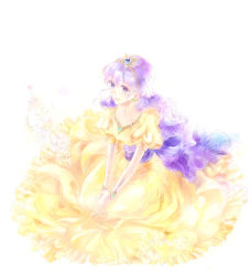 Rule 34 | 1girl, breasts, character check, colored eyelashes, commentary request, curly hair, dragon quest, dragon quest ii, dress, from above, full body, jewelry, kuzumosu, long hair, necklace, own hands together, princess, princess of moonbrook, purple hair, sitting, solo, water drop, wavy hair, white background