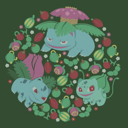 Rule 34 | adobe illustrator, animal focus, berry (pokemon), bright pupils, bulbasaur, cheri berry, claws, closed mouth, creatures (company), evolutionary line, flower, game freak, gen 1 pokemon, green background, highres, ivysaur, nintendo, no humans, no lineart, nostrils, open mouth, oran berry, pecha berry, pink flower, pokemon, pokemon (creature), red eyes, red flower, simple background, ty929, venusaur, white flower, white pupils