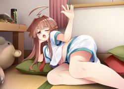 Rule 34 | 1girl, ahoge, barefoot, brown eyes, brown hair, chestnut mouth, chips (food), commentary request, cushion, energy drink, food, green sailor collar, hair intakes, head rest, huge ahoge, kantai collection, kuma (kancolle), long hair, looking at viewer, lying, mofu namako, monster energy, navel, neckerchief, on side, one eye closed, potato chips, red neckerchief, sailor collar, school uniform, serafuku, short sleeves, shorts, solo, stuffed animal, stuffed toy, table, tatami, teddy bear, white sailor collar, white shorts, window, zabuton