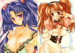 Rule 34 | 00s, 2girls, aoi yuuka (ao no kokoro), asahina mikuru, blush, bra, breasts, clannad, covered erect nipples, hair bobbles, hair ornament, ichinose kotomi, large breasts, looking at viewer, mole, mole on breast, multiple girls, nipples, official alternate hairstyle, suzumiya haruhi no yuuutsu, traditional media, twintails, two side up, underwear, undressing