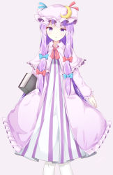Rule 34 | 1girl, blue bow, blue ribbon, blunt bangs, blush, book, bow, capelet, chestnut mouth, collar, commentary, crescent, crescent pin, dress, expressionless, frilled dress, frilled sleeves, frills, hair bow, hat, hat ribbon, highres, holding, holding book, long hair, long sleeves, looking at viewer, mob cap, neck ribbon, patchouli knowledge, purple background, purple eyes, purple hair, red bow, red ribbon, ribbon, sabana, simple background, solo, touhou, very long hair, white background, white legwear