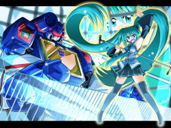 Rule 34 | 1girl, aqua eyes, arm up, crossover, decepticon, decepticons, detached sleeves, emblem, gikogakodo, glowing, glowing eye, green hair, hatsune miku, letterboxed, long hair, mecha, microphone, microphone stand, necktie, open mouth, robot, science fiction, soundwave (transformers), thighhighs, transformers, transformers: generation 1, very long hair, vocaloid, wakabayashi makoto