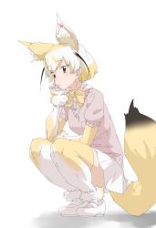 Rule 34 | 1girl, animal ear fluff, animal ears, arm rest, black hair, blonde hair, bow, bowtie, breast pocket, brown eyes, closed mouth, elbow gloves, elbow rest, expressionless, extra ears, fennec (kemono friends), fox ears, fox tail, from side, full body, fur trim, gloves, head rest, highres, kemono friends, looking afar, miniskirt, multicolored hair, pink sweater, pleated skirt, pocket, shoes, short-sleeved sweater, short hair, short sleeves, skirt, solo, squatting, sweater, tail, tanabe (fueisei), thighhighs, white hair, white skirt, zettai ryouiki