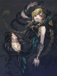 Rule 34 | 1girl, aoin, bad id, bad pixiv id, blonde hair, boots, braid, hat, long hair, lying, medusa, red eyes, snake, solo, thigh boots, thighhighs, twin braids, very long hair