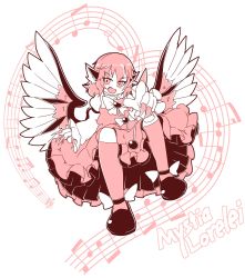 Rule 34 | 1girl, animal ears, beamed eighth notes, bird ears, bird wings, blush, character name, cue (lindwrum), dotted half note, dress, earrings, fang, fingernails, frilled dress, frilled sleeves, frills, full body, half note, highres, jewelry, kneehighs, long fingernails, long sleeves, musical note, mystia lorelei, nail polish, no headwear, no headwear, open mouth, pink eyes, pink hair, quarter note, sharp fingernails, shoes, short hair, single earring, smile, socks, solo, touhou, wings