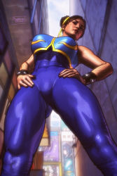 Rule 34 | 1990s (style), 1girl, abs, alternate costume, bodystocking, bodysuit, breasts, brown hair, capcom, chun-li, double bun, female focus, from below, hair bun, hair ribbon, hands on own hips, large breasts, lips, retro artstyle, revision, ribbon, short hair, skin tight, sleeveless, sleeveless bodysuit, solo, street fighter, street fighter zero (series), studded bracelet, system bleed, thick thighs, thighs, unitard, vest