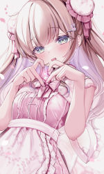 Rule 34 | 1girl, apron, blue eyes, blush, bow, bowtie, brown hair, bun cover, dress, hair ornament, hairclip, hands up, heart, heart hands, highres, long hair, looking at viewer, open mouth, original, pink bow, pink bowtie, pink dress, short sleeves, simple background, solo, upper body, white background, yunmi 0527