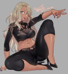 Rule 34 | 1girl, 2021, :o, agawa ryou, arm up, armpit peek, artist name, blonde hair, blue eyes, breasts, cameltoe, curvy, dark-skinned female, dark skin, dated, grey background, high heels, knee up, large breasts, long hair, long sleeves, looking at viewer, medium hair, nail polish, navel, original, pumps, purple nails, signature, simple background, sitting, smile, solo, spread legs, thick thighs, thighs, v