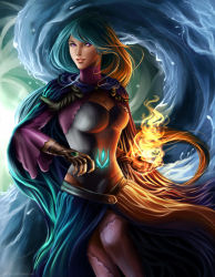Rule 34 | 1girl, althea, althea (mirage noir), blue hair, breasts, cape, female focus, fire, gradient background, highres, magic, mirage noir, purple eyes, skirt, solo, tagme, water