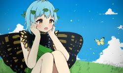 Rule 34 | 1girl, animal, antennae, aqua hair, bad id, bad pixiv id, bare legs, blush, brown eyes, bug, butterfly, butterfly wings, commission, dress, eternity larva, fairy, feet out of frame, green dress, hair between eyes, insect, insect wings, leaf, leaf on head, multicolored clothes, multicolored dress, open mouth, poco (zdrq3), short hair, single strap, solo, touhou, wings