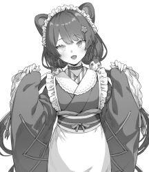 Rule 34 | 1girl, animal ears, collar, dog ears, fangs, flower, greyscale, hair flower, hair ornament, heterochromia, highres, inui toko, japanese clothes, kimono, long hair, looking at viewer, maid headdress, monochrome, nijisanji, obi, open mouth, sash, simple background, sleeves past wrists, solo, tori udon, very long hair, virtual youtuber, white background, wide sleeves