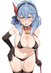 Rule 34 | 1girl, ako (blue archive), bell, bikini, black bikini, black gloves, black hairband, black thighhighs, blue archive, blue eyes, blue hair, blush, breasts, collar, cowbell, earrings, elbow gloves, gloves, hairband, halo, highres, jewelry, large breasts, leash, looking at viewer, red collar, seihekiog, side-tie bikini bottom, solo, stud earrings, sweater, swimsuit, thighhighs