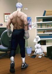 Rule 34 | 1boy, akutami gege (avatar), animal, back, black pants, boxing gloves, cat, commentary, drawing, gojou satoru, highres, holding, holding pen, indoors, jujutsu kaisen, male focus, muscular, muscular male, one-eyed, pants, pen, short hair, symbol-only commentary, topless male, twitter username, white cat, white hair, yuana