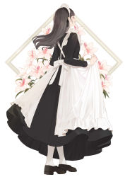 Rule 34 | 1girl, :d, absurdres, apron, apron hold, back bow, black dress, black footwear, black hair, black ribbon, bow, commentary request, dress, closed eyes, floral background, from side, full body, hair ribbon, highres, long hair, long sleeves, maid, maid headdress, open mouth, original, pantyhose, ribbon, shii (kairi-t-k0317), smile, solo, standing, white apron, white bow, white pantyhose