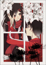 Rule 34 | 1boy, 1girl, aliccess, bad id, bad pixiv id, black hair, flower, fringe trim, grey eyes, hair ornament, hairclip, hand on another&#039;s face, jacket, kagerou project, kisaragi shintarou, lily (flower), long hair, outside border, red scarf, scarf, school uniform, smile, spider lily, striped clothes, striped jacket, tateyama ayano