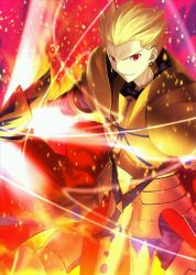 Rule 34 | 1boy, armor, blonde hair, earrings, fate/grand order, fate/stay night, fate (series), gilgamesh (fate), hair slicked back, holding, holding weapon, jewelry, magic, male focus, official art, red eyes, resized, shoulder armor, solo, pauldrons, takeuchi takashi, upscaled, waifu2x, weapon
