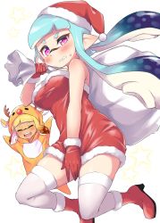 Rule 34 | 2girls, animal costume, arms up, blonde hair, blunt bangs, blush, boots, christmas, closed eyes, commentary, covering crotch, covering privates, dark-skinned female, dark skin, dress, floating, frown, gloves, grimace, half-closed eye, hat, highres, holding, holding sack, inkling, inkling girl, inkling player character, long hair, looking at viewer, multiple girls, nintendo, open mouth, over shoulder, penguin maru (penginmaru), pointy ears, purple eyes, red dress, red footwear, red gloves, red headwear, reindeer costume, sack, santa boots, santa dress, santa gloves, santa hat, short hair, smile, splatoon (series), star (symbol), starry background, strapless, strapless dress, sweatdrop, tentacle hair, thighhighs, white background, white legwear